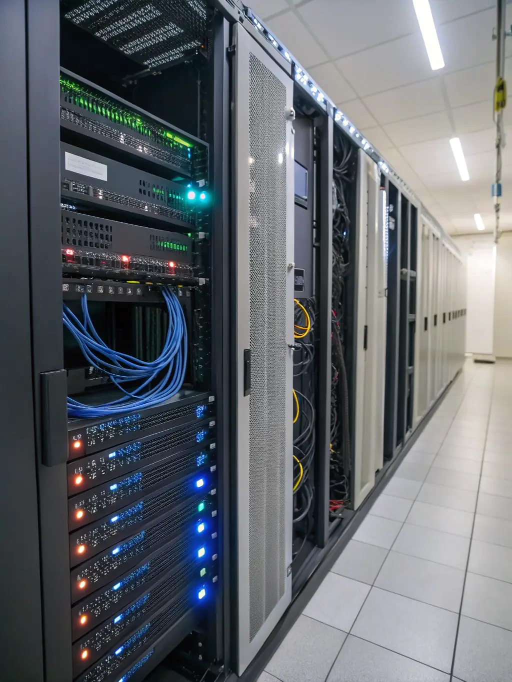 A secure data center with servers and networking equipment, emphasizing the importance of data security and infrastructure.