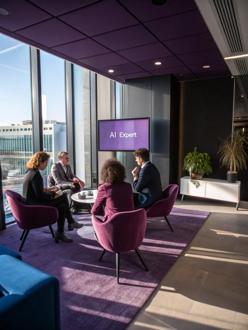 A team of IT professionals implementing an AI solution in a modern office environment, showcasing collaboration and technical expertise.