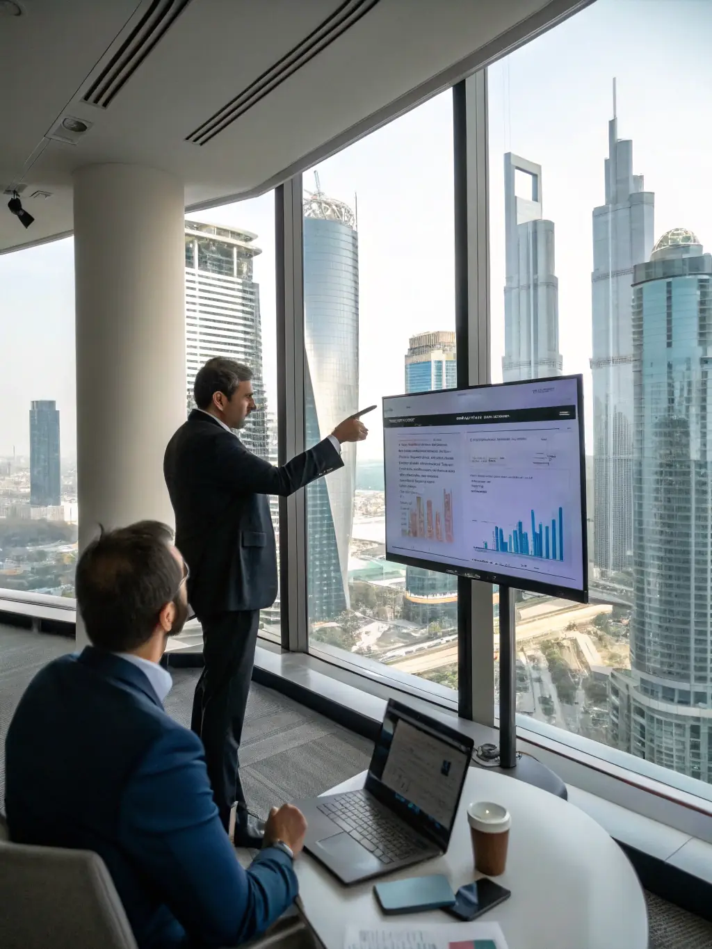 A professional IT consultant advising a client on AI integration strategies, with charts and data visualizations in the background.