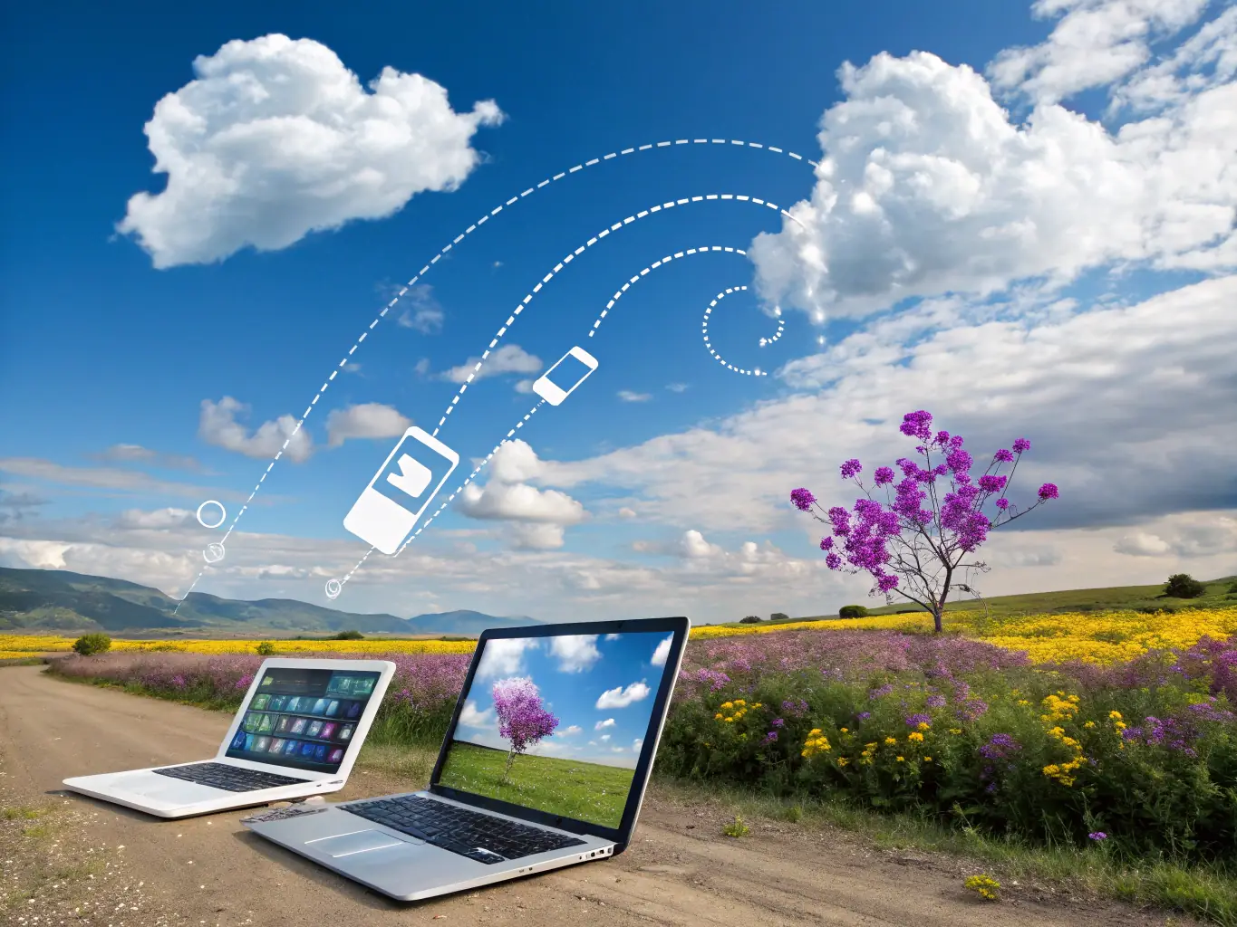A visual representation of cloud computing, showing data flowing between devices and a central cloud server.